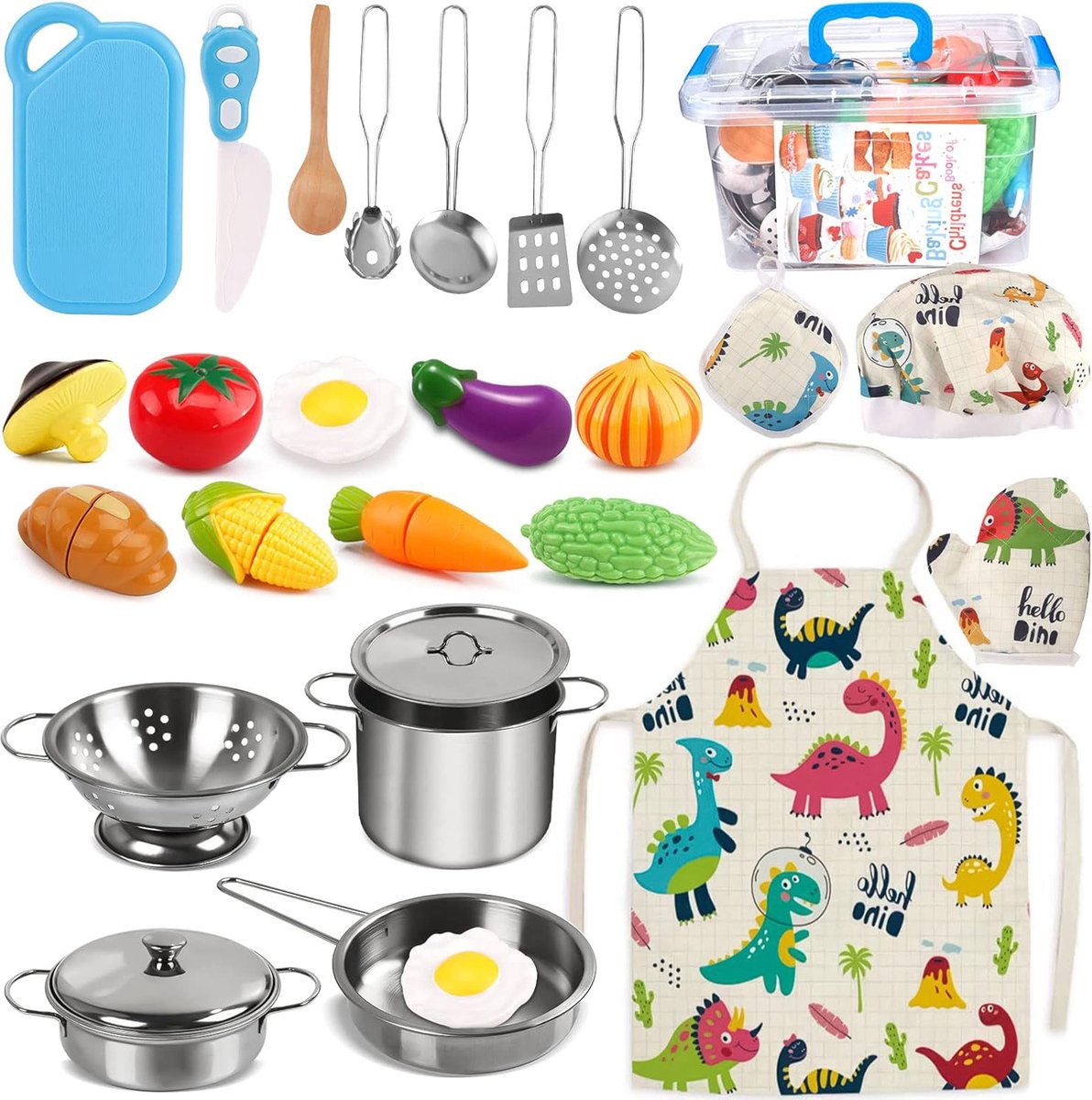 oCreon Keuken Speelgoed voor Kinderen - Houten Accessoires met Schort en Kookmuts - Rollenspel